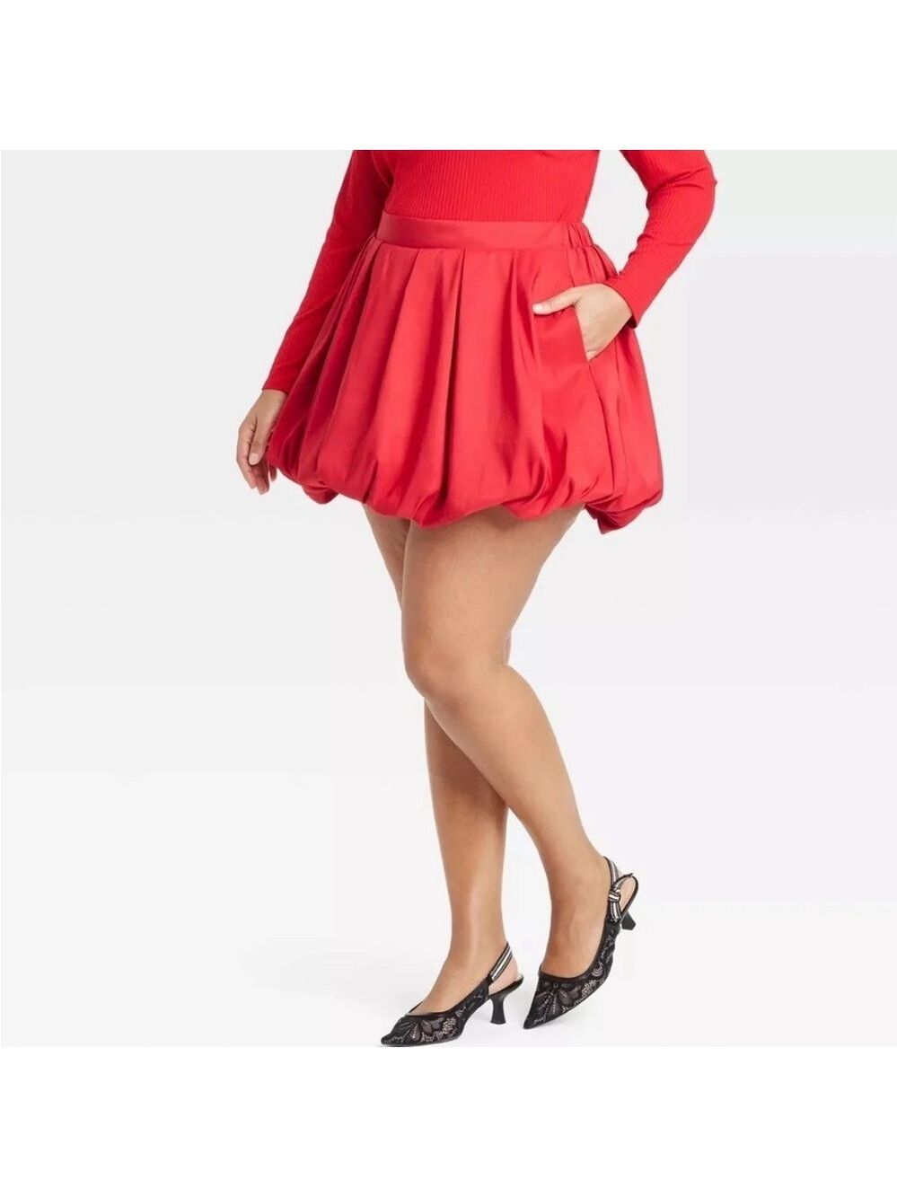 Red Mini Bubble Skirt with Pleated A-Line Design